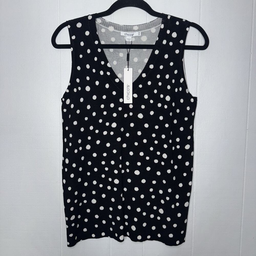 Chico’s Women’s Polkadot Pullover Sweater V Neck Black Size 00, XS NWT